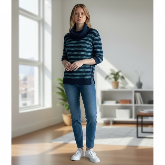 Carolyn Taylor Cowl Neck Blue Striped Sweater - Picture 1 of 10